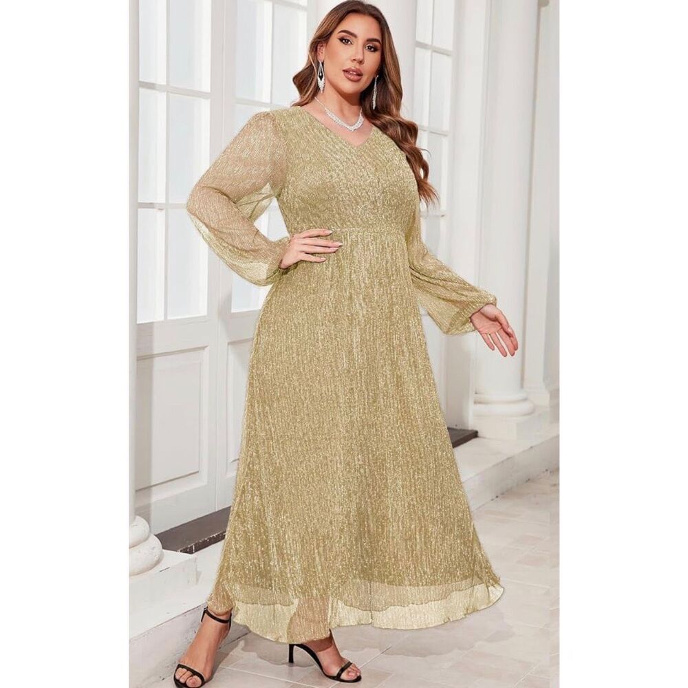 ZOMVA Plus Size Sparkly Mesh Maxi Formal Dress Long Sleeves V Neck A-line Size L